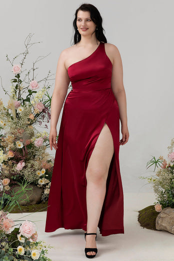 Burgundy Plus Size One Shoulder Long Bridesmaid Dress