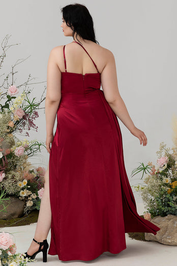 Burgundy Plus Size One Shoulder Long Bridesmaid Dress