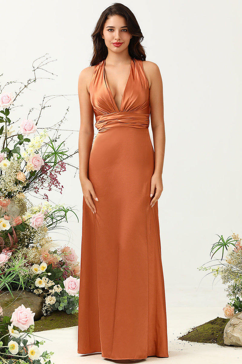Load image into Gallery viewer, A Line Halter Neck Copper Long Bridesmaid Dress with Criss Cross Back