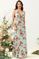 Load image into Gallery viewer, A Line Deep V Neck Green Printed Long Bridesmaid Dress