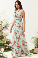 Load image into Gallery viewer, A Line Deep V Neck Green Printed Long Bridesmaid Dress