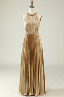 Load image into Gallery viewer, Halter Neck Golden Pleated Long Bridesmaid Dress