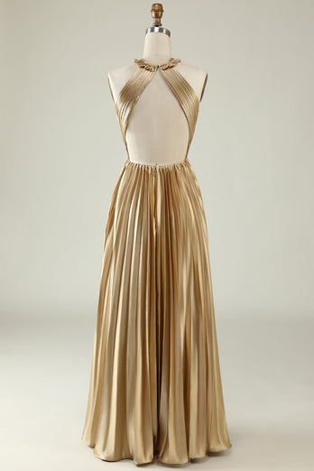 Halter Neck Golden Pleated Long Bridesmaid Dress