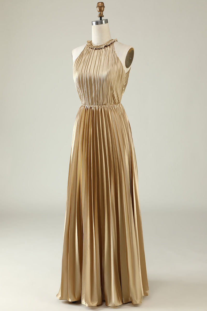 Load image into Gallery viewer, Halter Neck Golden Pleated Long Bridesmaid Dress
