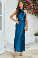 Load image into Gallery viewer, Ink Blue Round Neck Long Wedding Guest Dress