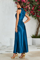 Load image into Gallery viewer, Ink Blue Round Neck Long Wedding Guest Dress