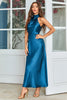 Load image into Gallery viewer, Ink Blue Round Neck Long Wedding Guest Dress