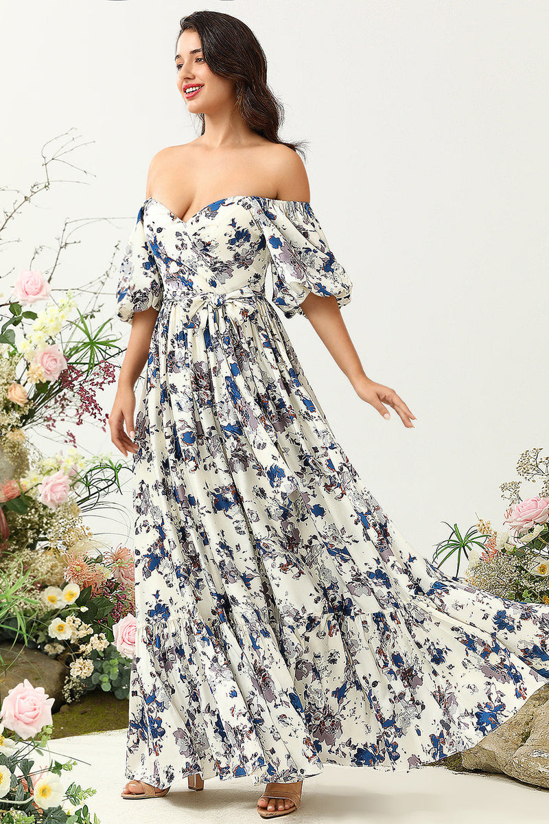 Load image into Gallery viewer, White Blue Flower Boho Bridesmaid Dress