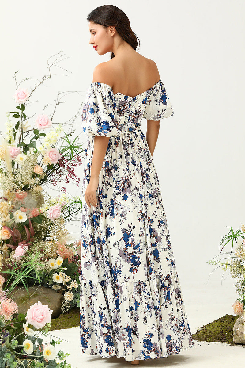 Load image into Gallery viewer, White Blue Flower Boho Bridesmaid Dress