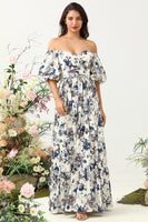 Load image into Gallery viewer, White Blue Flower Boho Bridesmaid Dress