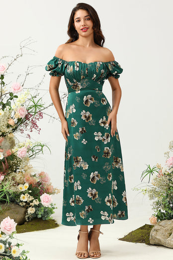 Dark Green Floral Boho Bridesmaid Dress