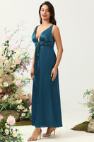 Load image into Gallery viewer, Ink Blue Satin Long Bridesmaid Dress