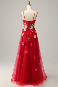 Tulle Spaghetti Straps Burgundy Long Prom Dress with Embroidery