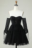 Load image into Gallery viewer, A Line Off the Shoulder Black Corset Short Prom Dress with Long Sleeves