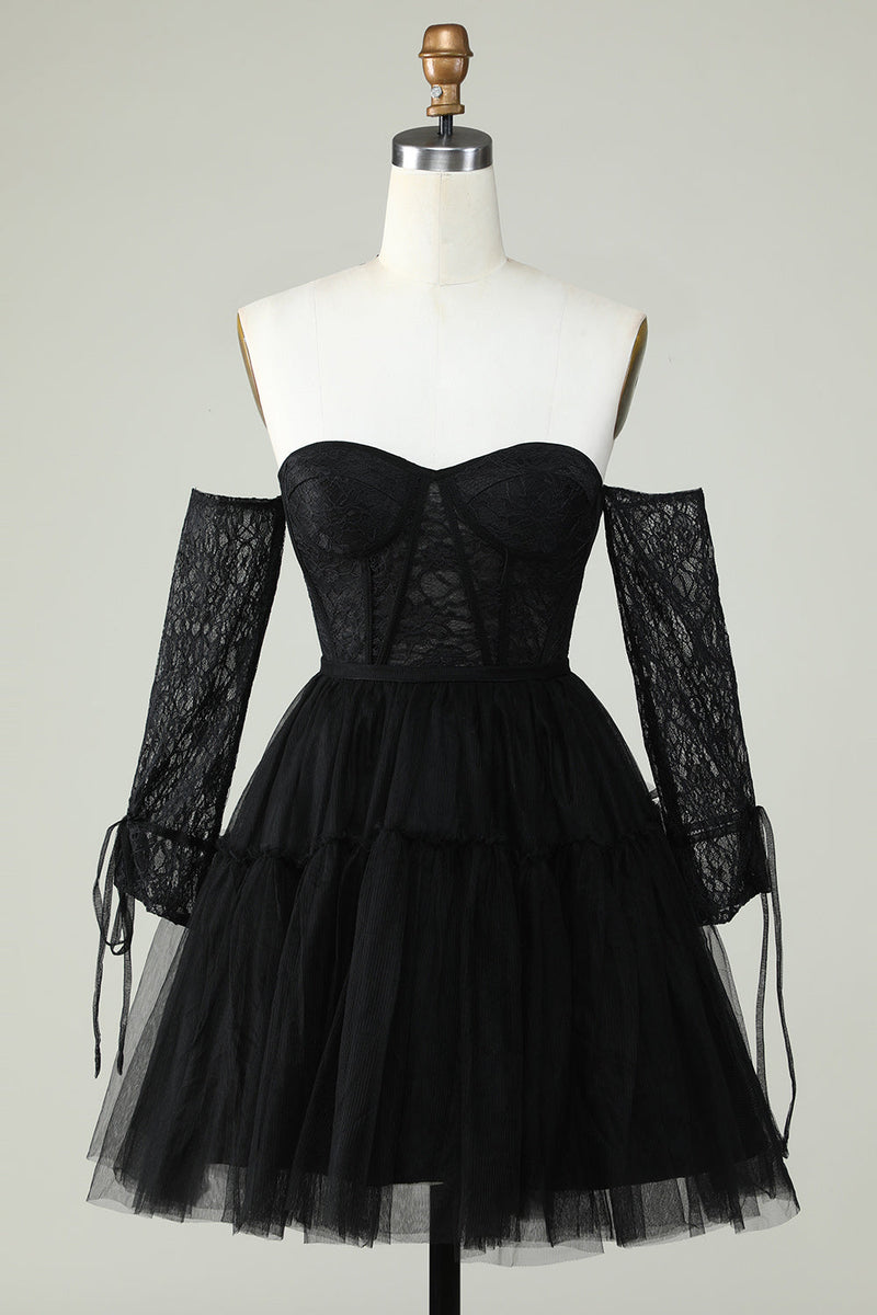 Load image into Gallery viewer, A Line Off the Shoulder Black Corset Short Prom Dress with Long Sleeves