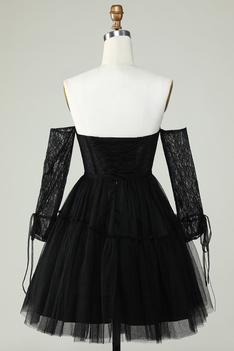 Load image into Gallery viewer, A Line Off the Shoulder Black Corset Short Prom Dress with Long Sleeves