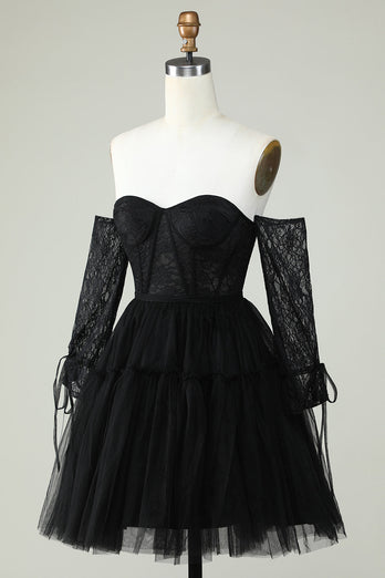 A Line Off the Shoulder Black Corset Short Prom Dress with Long Sleeves