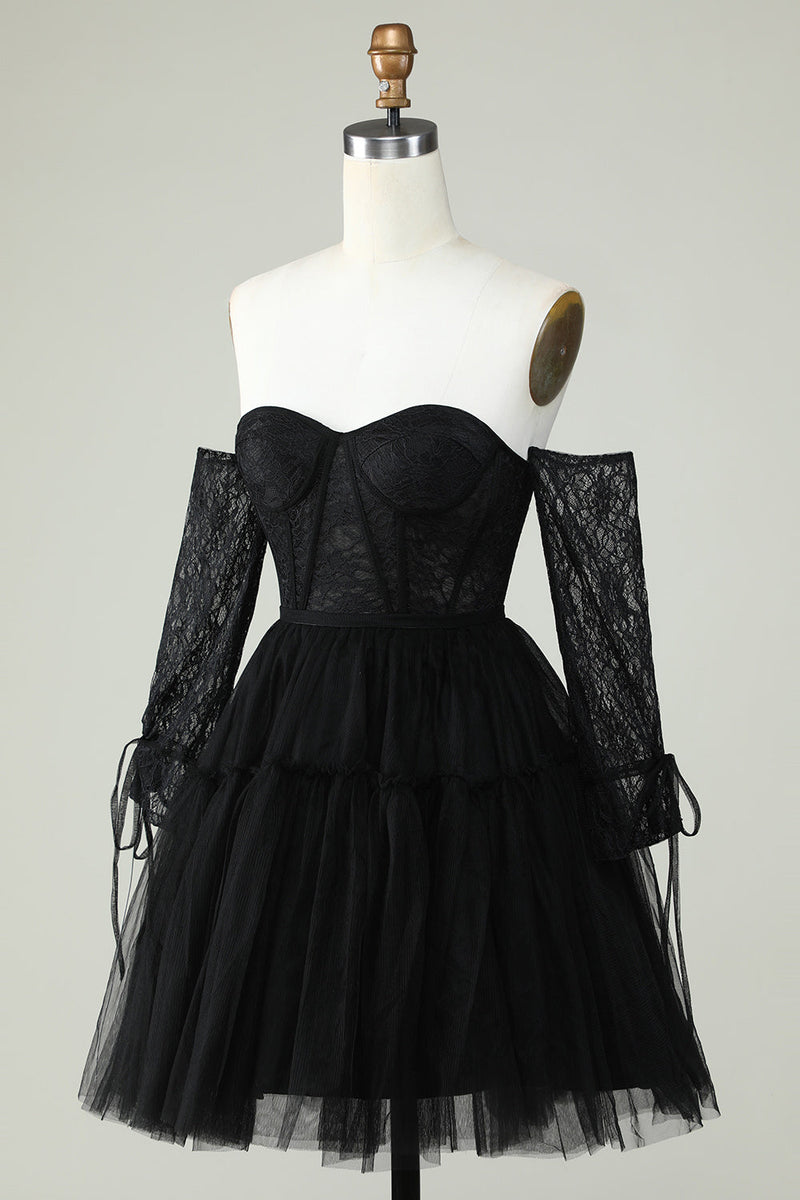 Load image into Gallery viewer, A Line Off the Shoulder Black Corset Short Prom Dress with Long Sleeves