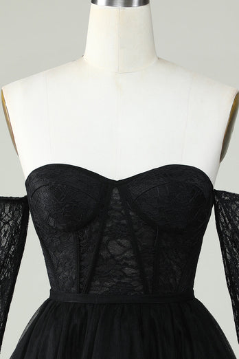 A Line Off the Shoulder Black Corset Short Prom Dress with Long Sleeves