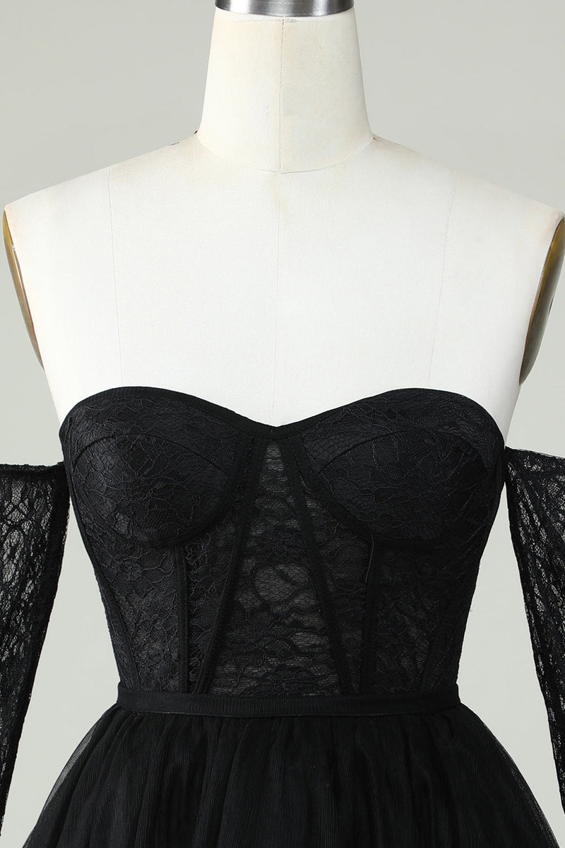 Load image into Gallery viewer, A Line Off the Shoulder Black Corset Short Prom Dress with Long Sleeves