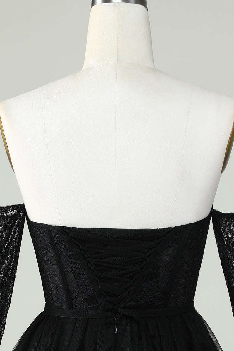 Load image into Gallery viewer, A Line Off the Shoulder Black Corset Short Prom Dress with Long Sleeves