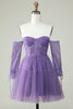 Load image into Gallery viewer, A Line Off the Shoulder Black Corset Short Prom Dress with Long Sleeves