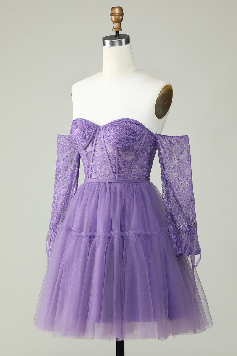 Load image into Gallery viewer, A Line Off the Shoulder Black Corset Short Prom Dress with Long Sleeves