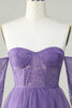 Load image into Gallery viewer, A Line Off the Shoulder Purple Corset Short Prom Dress with Long Sleeves
