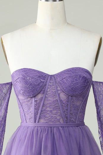 A Line Off the Shoulder Purple Corset Short Prom Dress with Long Sleeves