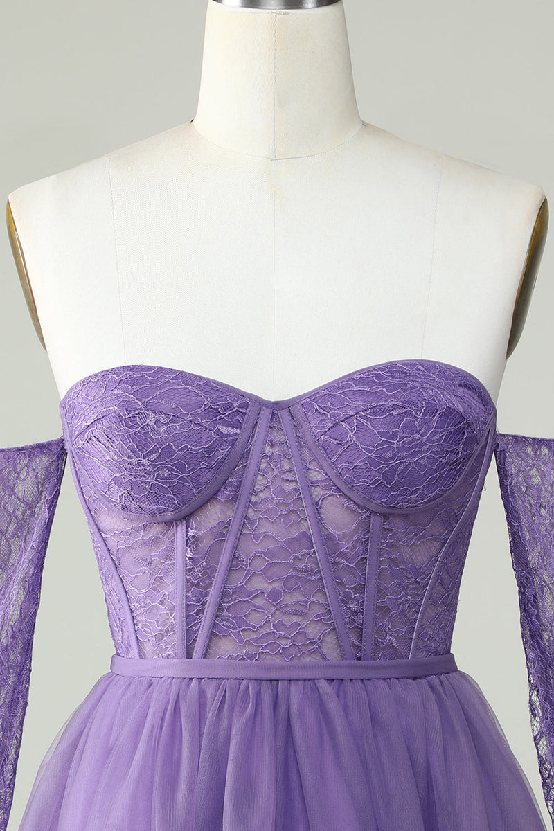 Load image into Gallery viewer, A Line Off the Shoulder Purple Corset Short Prom Dress with Long Sleeves