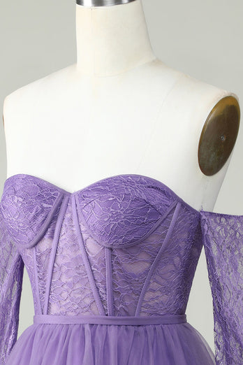 A Line Off the Shoulder Purple Corset Short Prom Dress with Long Sleeves