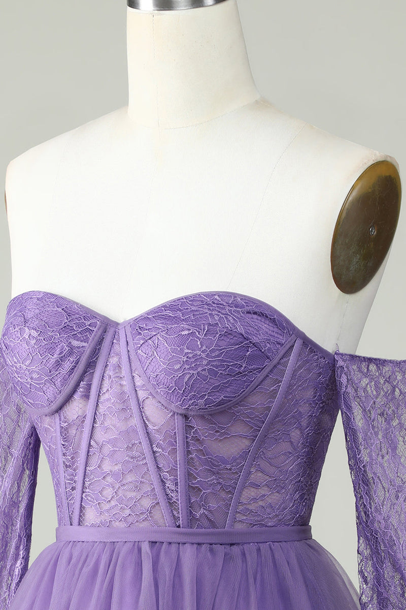 Load image into Gallery viewer, A Line Off the Shoulder Purple Corset Short Prom Dress with Long Sleeves