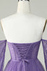 Load image into Gallery viewer, A Line Off the Shoulder Purple Corset Short Prom Dress with Long Sleeves