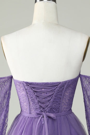 A Line Off the Shoulder Purple Corset Short Prom Dress with Long Sleeves