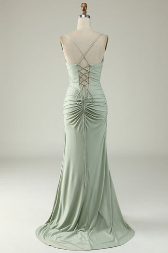 Mermaid Light Green Long Prom Dress with Slit