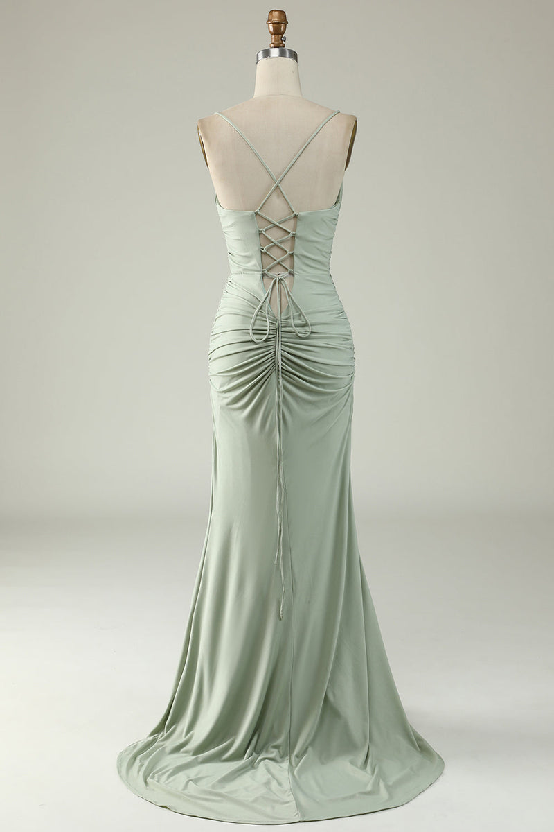 Load image into Gallery viewer, Mermaid Light Green Long Prom Dress with Slit