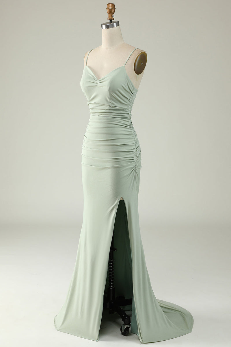 Load image into Gallery viewer, Mermaid Light Green Long Prom Dress with Slit