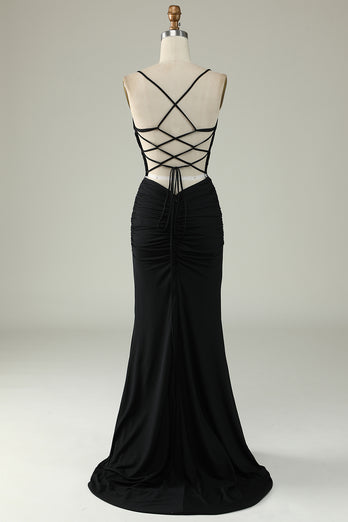 Mermaid Lace-Up Back Black Long Prom Dress