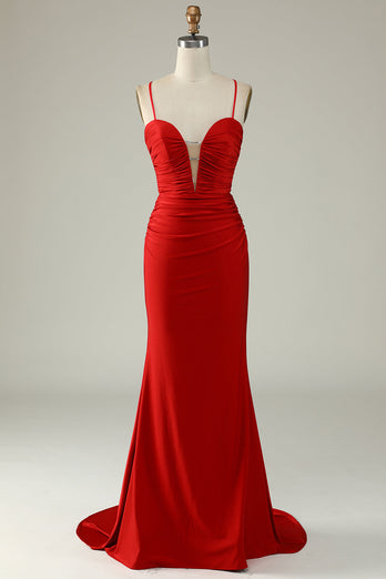 Mermaid V-Neck Red Long Prom Dress with Beading