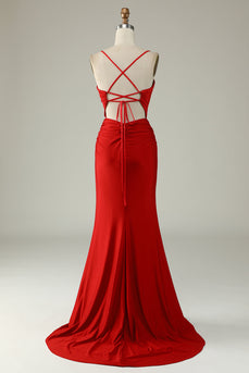 Mermaid V-Neck Red Long Prom Dress with Beading