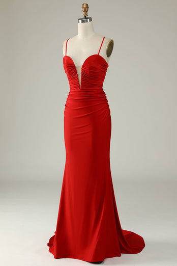 Mermaid V-Neck Red Long Prom Dress with Beading