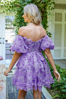 Off the Shoulder A Line Printed Cute Short Prom Dress