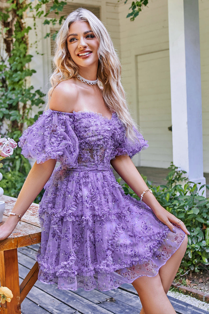 Load image into Gallery viewer, Off the Shoulder A Line Printed Cute Short Prom Dress