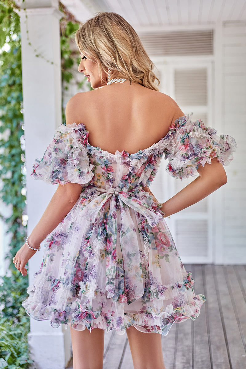 Load image into Gallery viewer, Off the Shoulder A Line Printed Cute Short Prom Dress