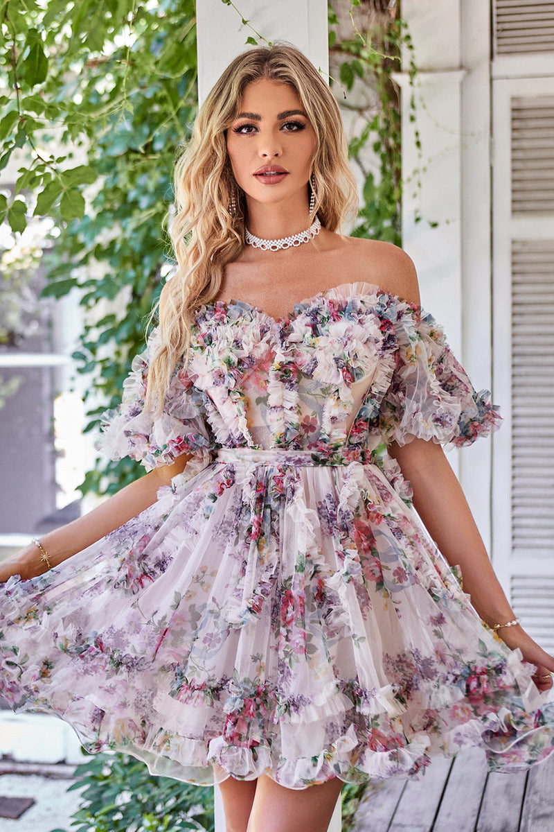 Load image into Gallery viewer, Off the Shoulder A Line Printed Cute Short Prom Dress