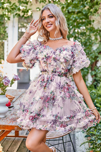 Off the Shoulder A Line Printed Cute Short Prom Dress
