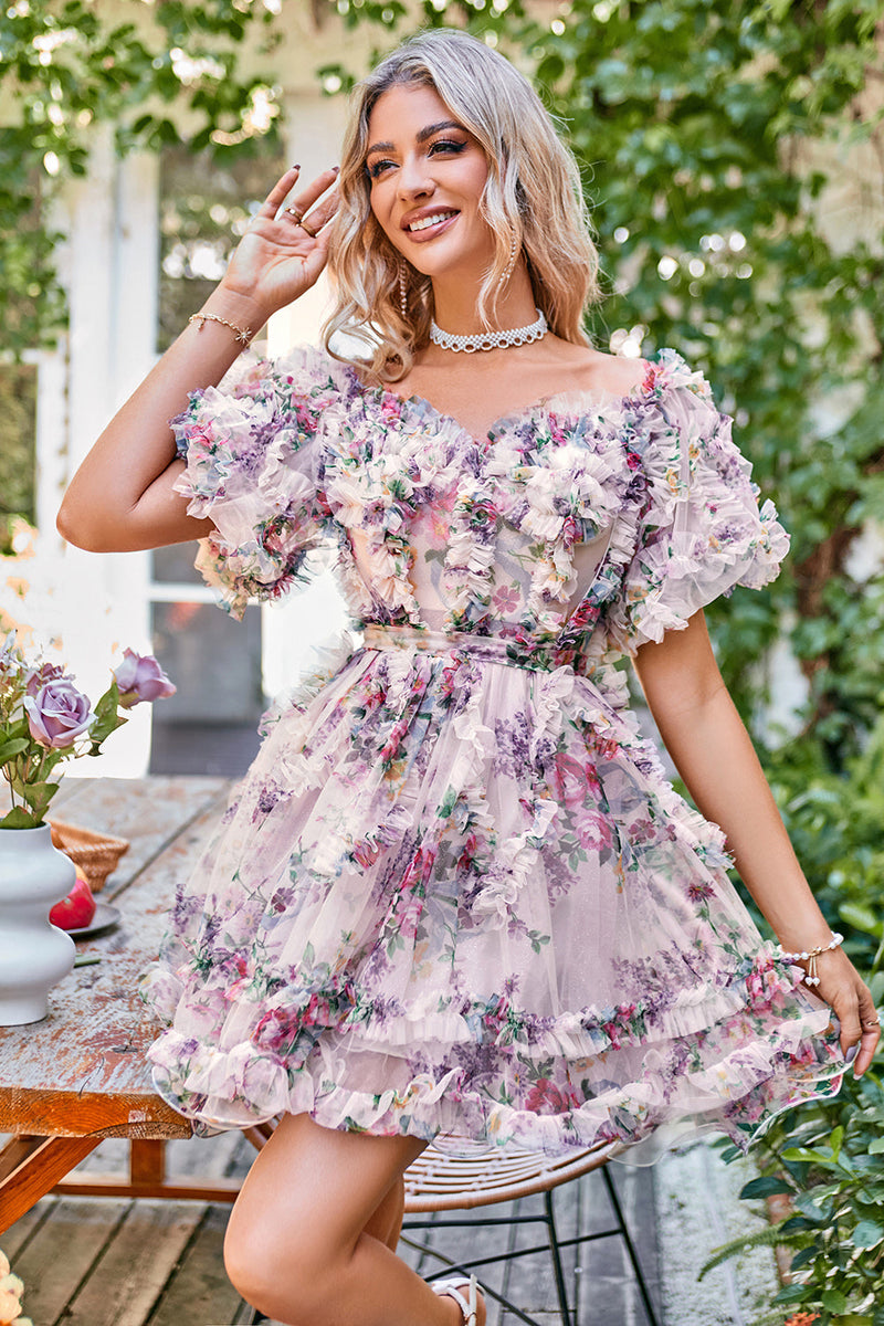Load image into Gallery viewer, Off the Shoulder A Line Printed Cute Short Prom Dress
