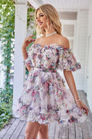 Load image into Gallery viewer, Off the Shoulder A Line Printed Cute Short Prom Dress