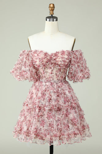 Off the Shoulder Short Prom Dress with Floral Print