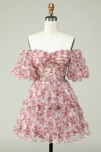 Off the Shoulder Short Prom Dress with Floral Print